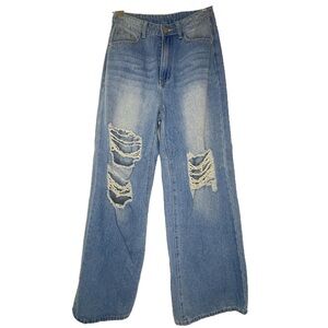 Distressed Fitted Wide Leg Denim